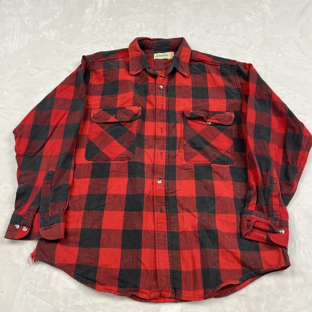 90s St. John's Bay Flannel Shirt Mens XLT Red Black Buffalo Plaid Long Sleeve